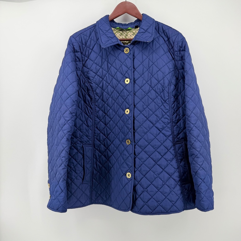 C. Wonder Womens XL Quilted Barn Jacket Royal Blue Gold Buttons Pattern Lined